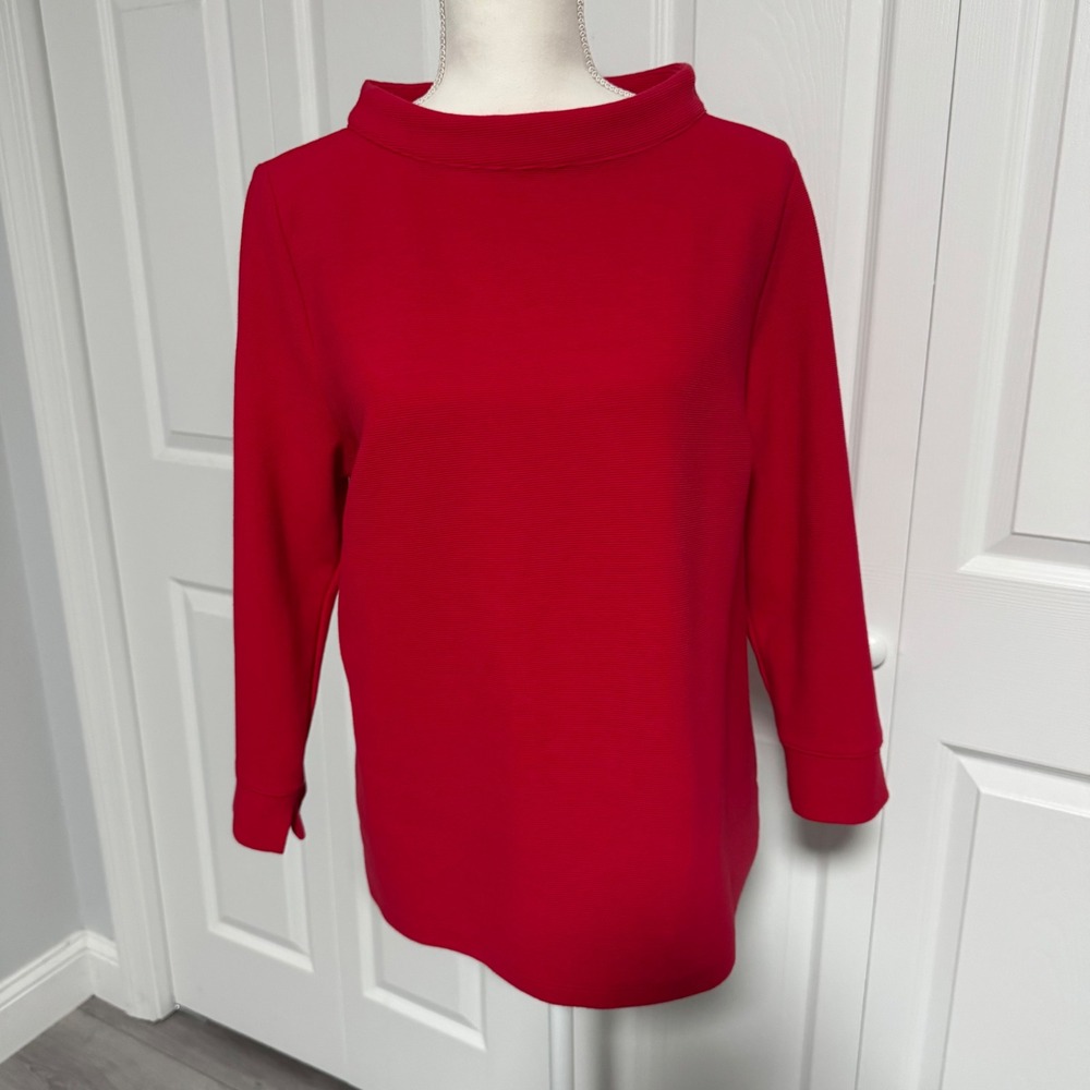 Talbots Red Textured Knit Mock Neck Top 3/4 Sleeve Exposed Back Zip Size L